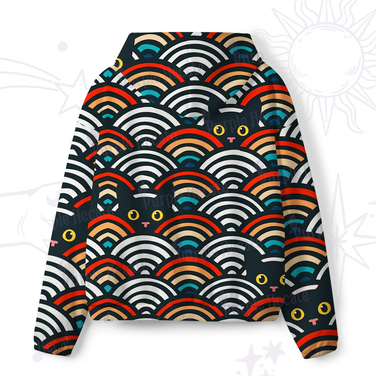 Purplehecate Rainbow Black Cat Waves All-Over Print Hoodie
