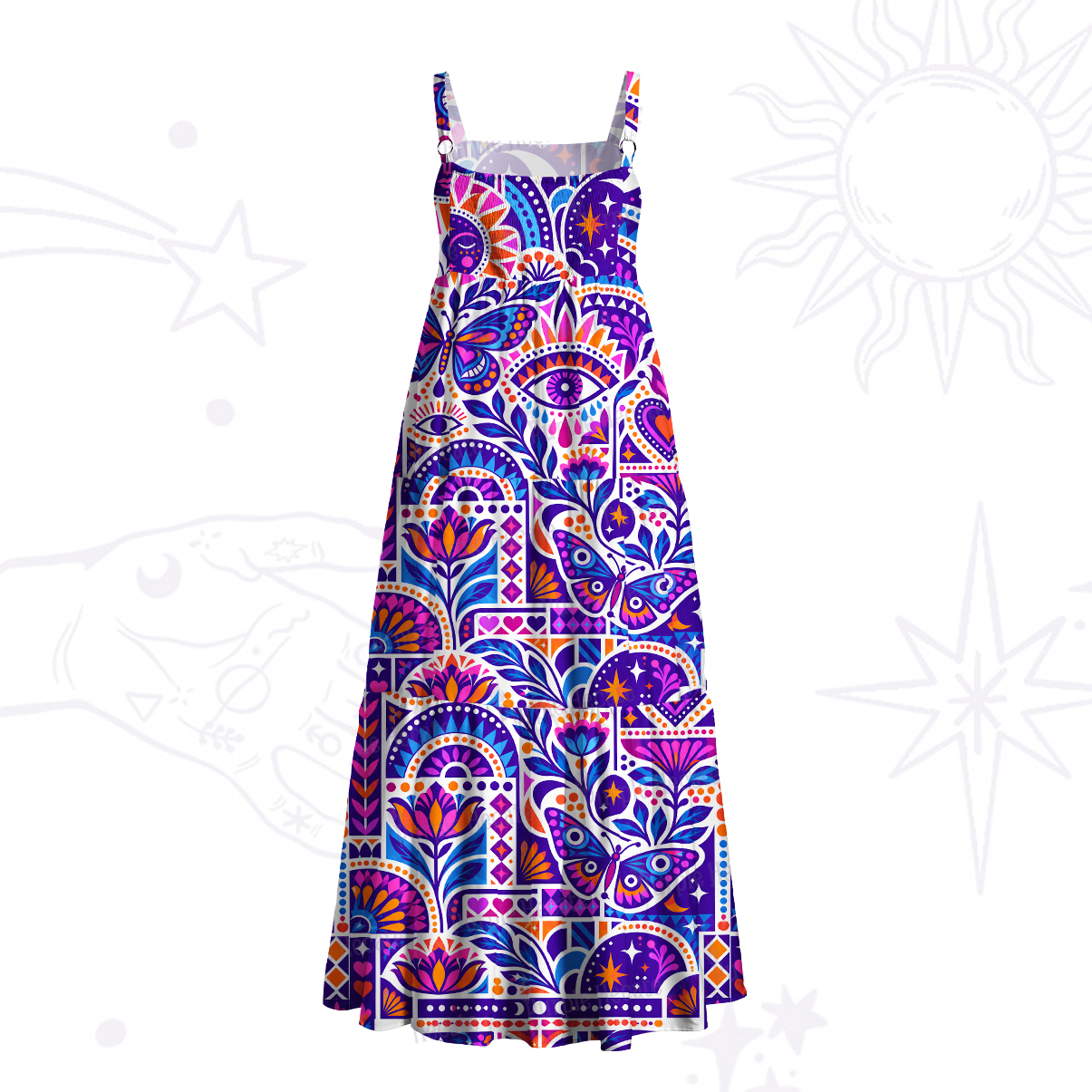 Purplehecate Colorful Mystic Butterfly Print Wide Straps Maxi Dress