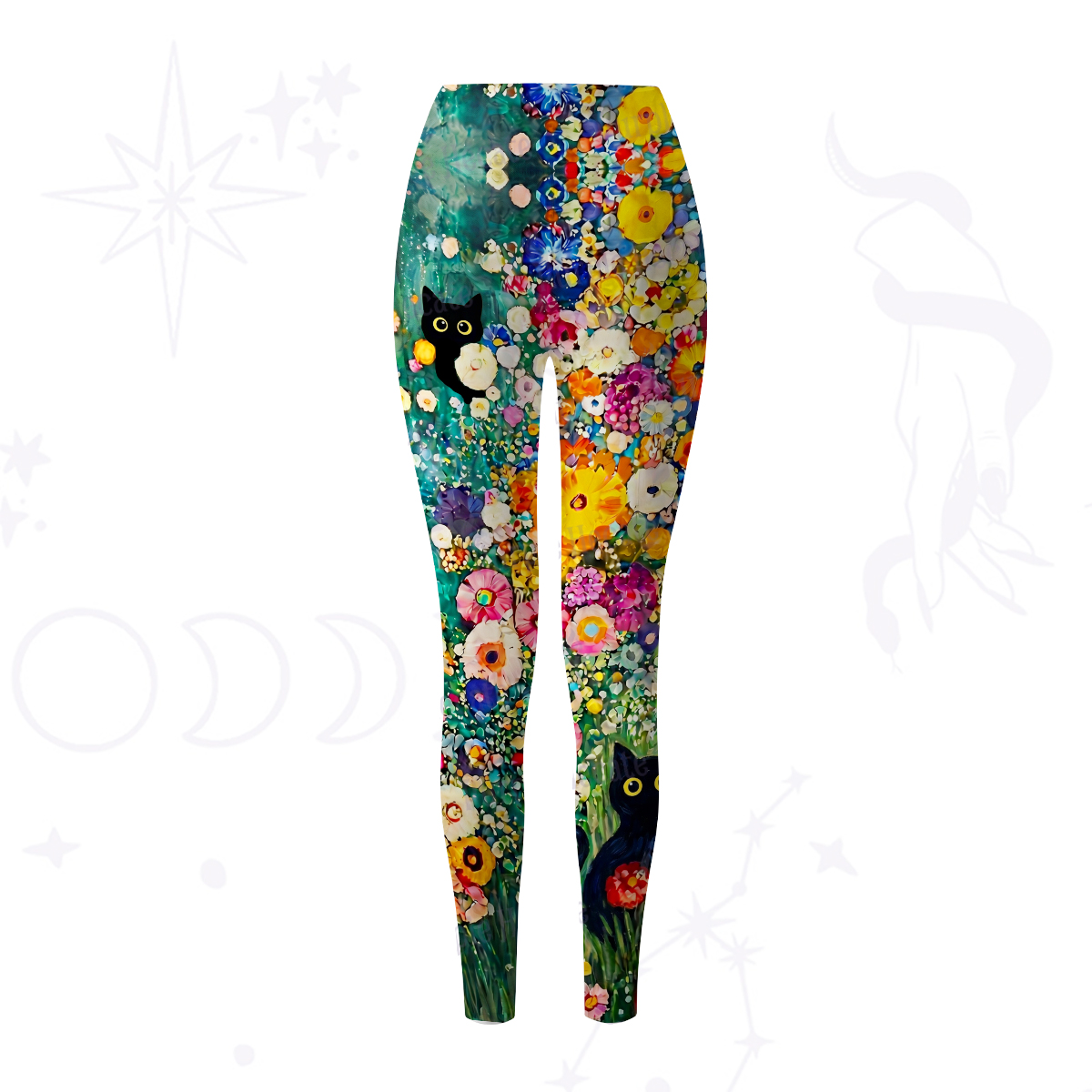 Purplehecate Fluffy Black Cat in Colorful Flower Field Yoga Pants