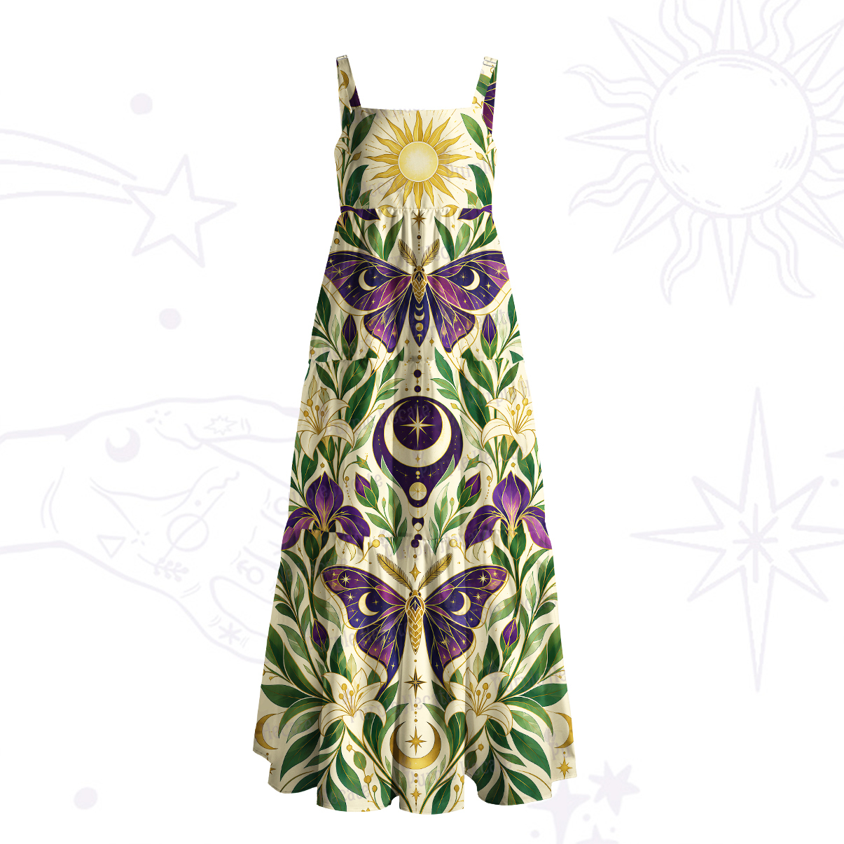 Purplehecate Enchanted Sun‑Moon Moths Wide Straps Maxi Dress