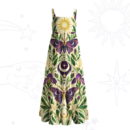 Purplehecate Enchanted Sun‑Moon Moths Wide Straps Maxi Dress