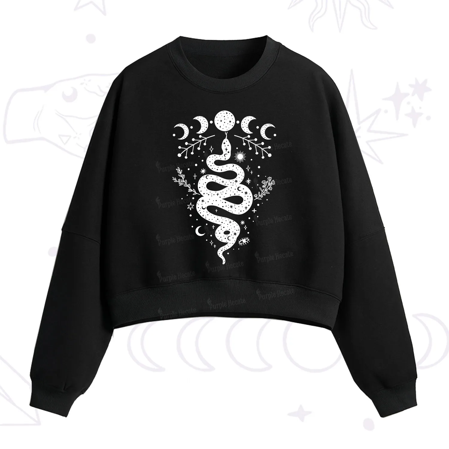 Purplehecate Snake And Moon Phase Comfort Fleece Cropped Sweatshirt
