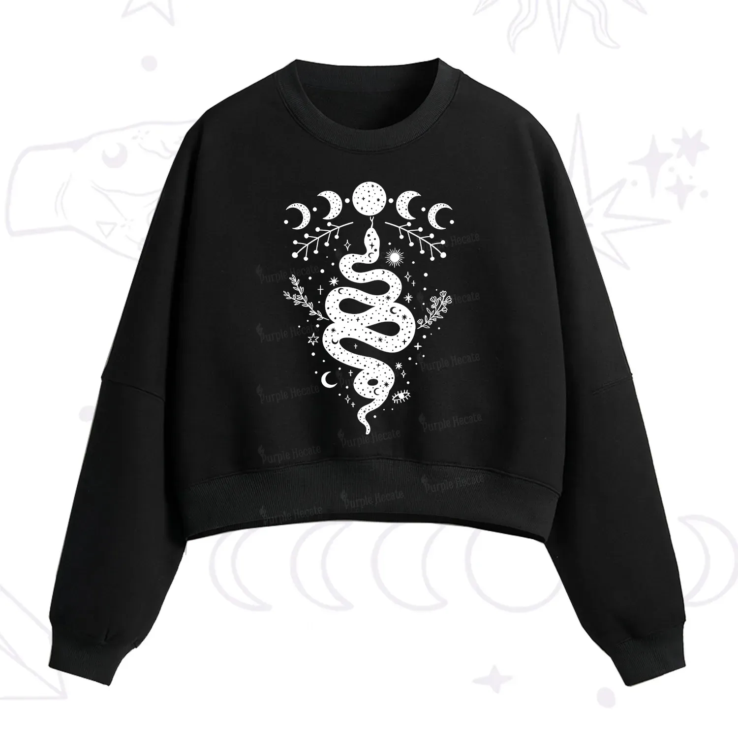 Purplehecate Snake And Moon Phase Comfort Fleece Cropped Sweatshirt