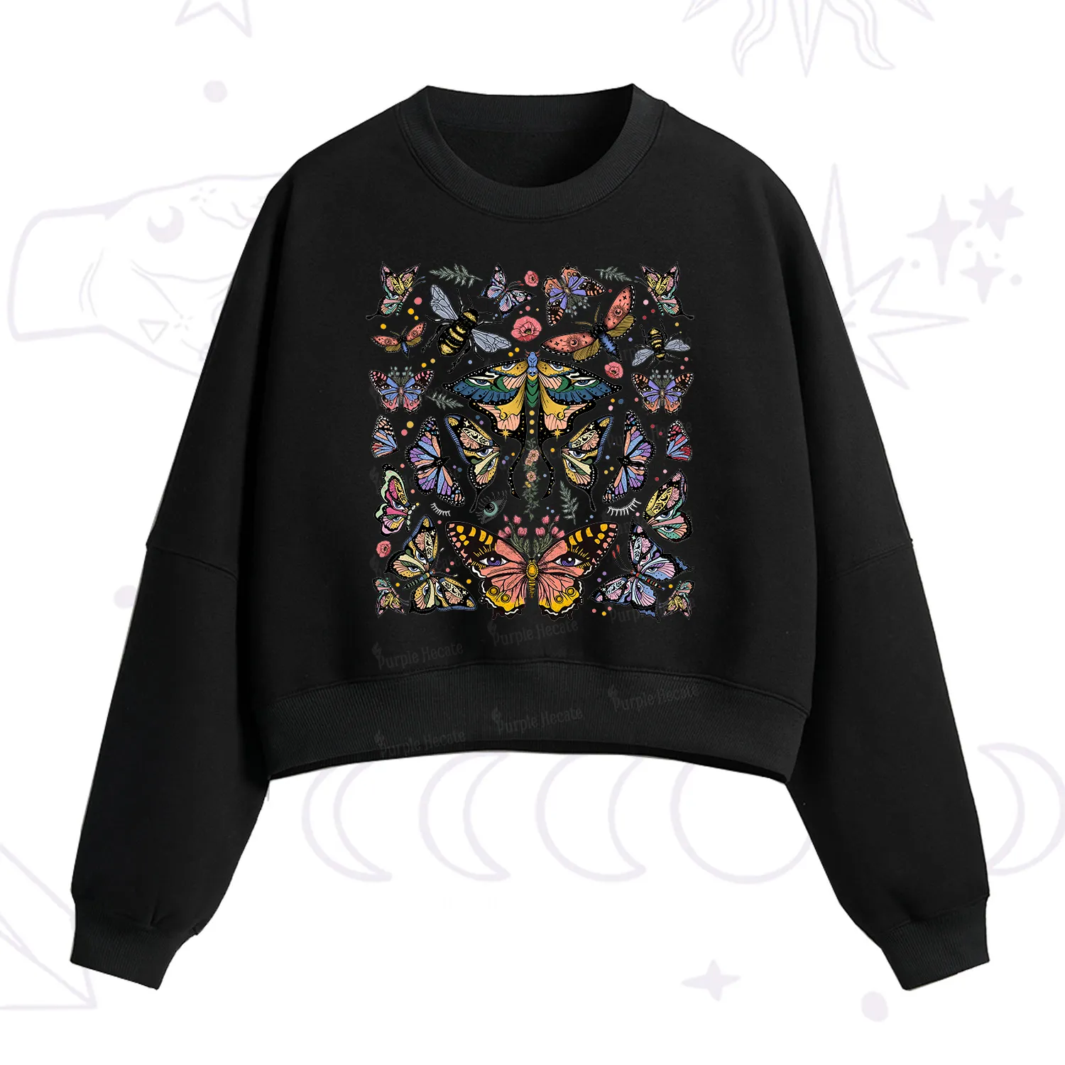 Purplehecate Mystical Butterfly & Moth Fleece Cropped Sweatshirt