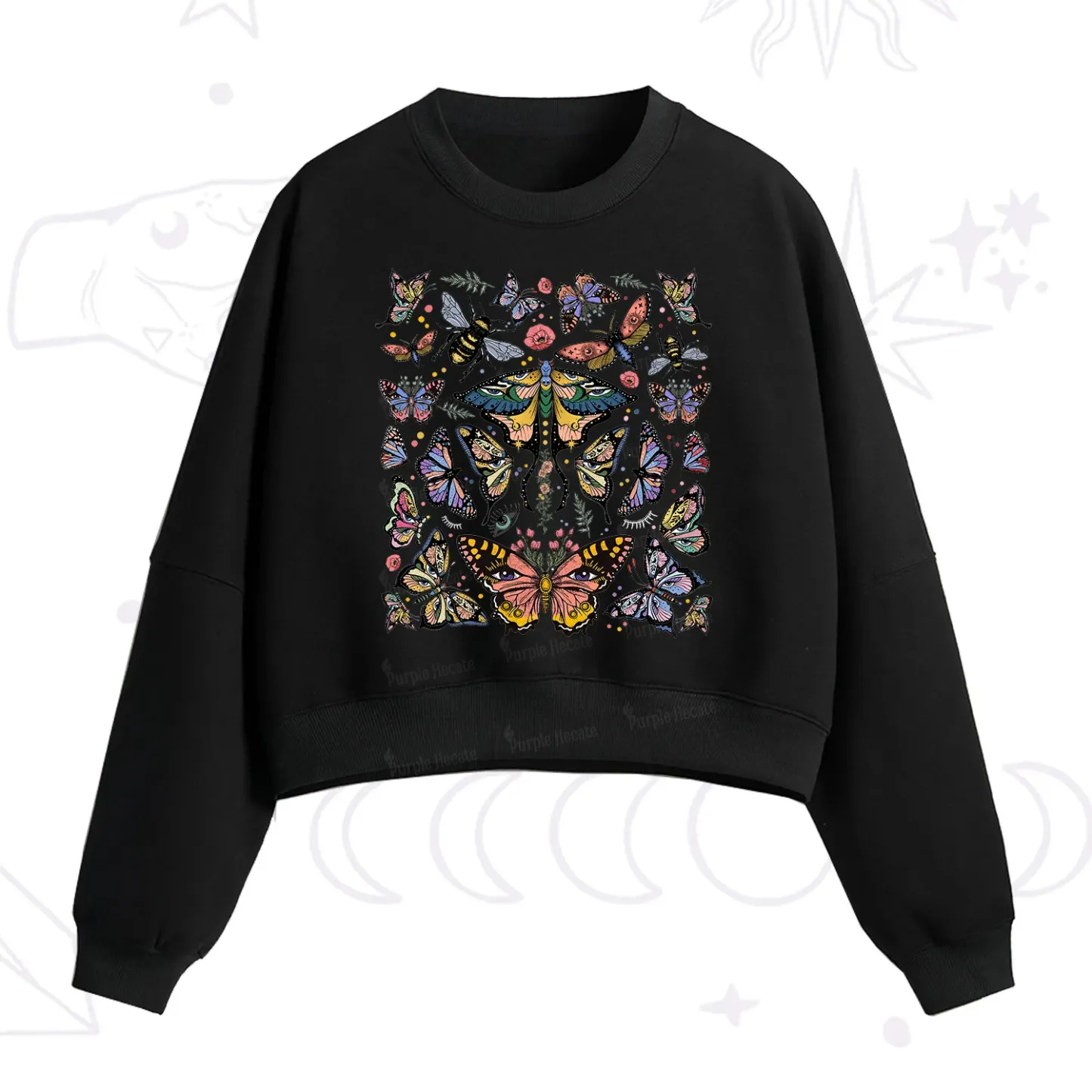 Purplehecate Mystical Butterfly & Moth Fleece Cropped Sweatshirt