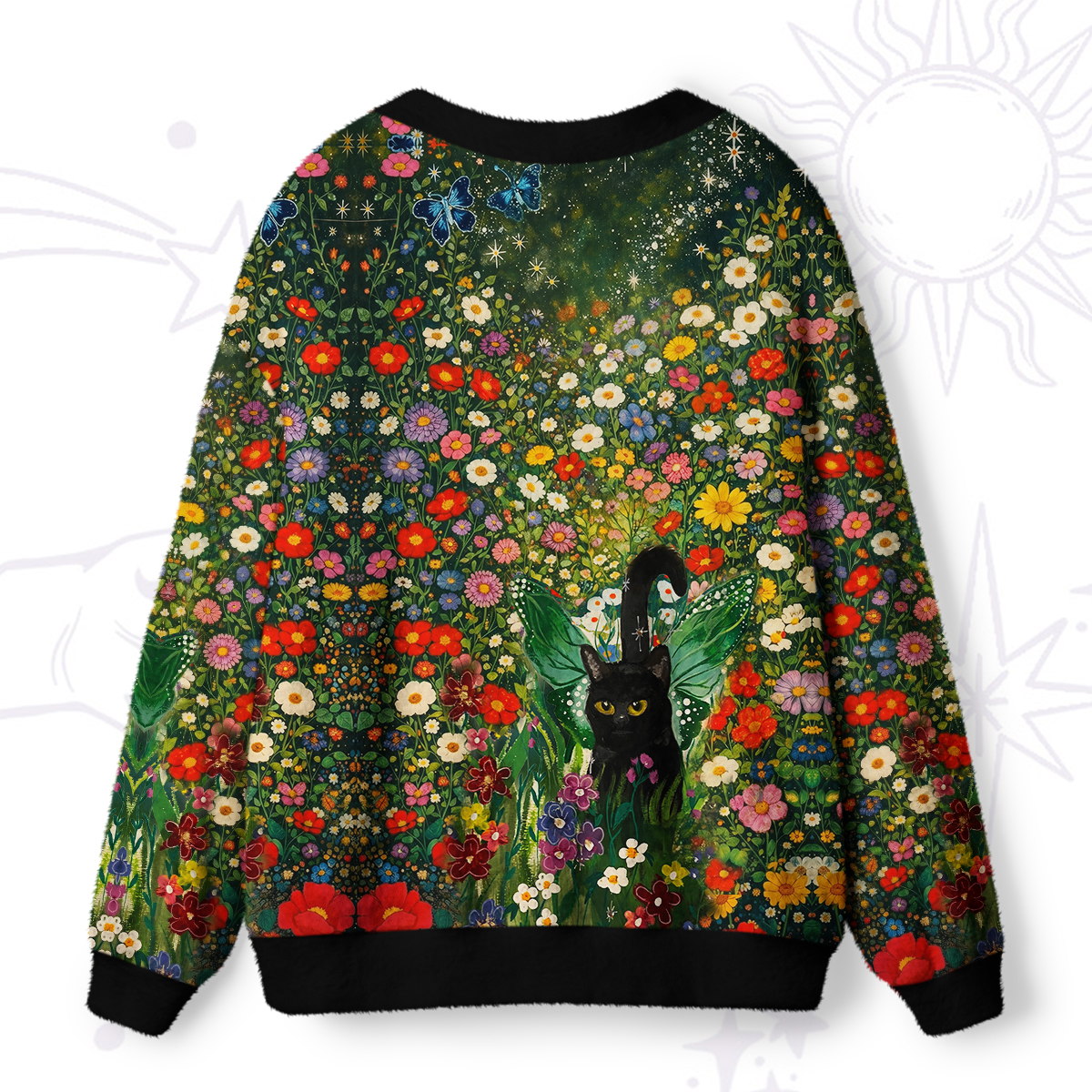 Purplehecate Magic Blooming Forest Black Cat Ugly Cardigan Sweaters
