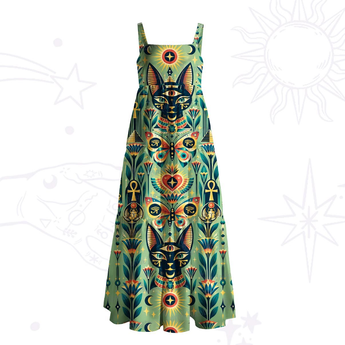 Purplehecate Mystic Egyptian Cat Totem Wide Straps Maxi Dress