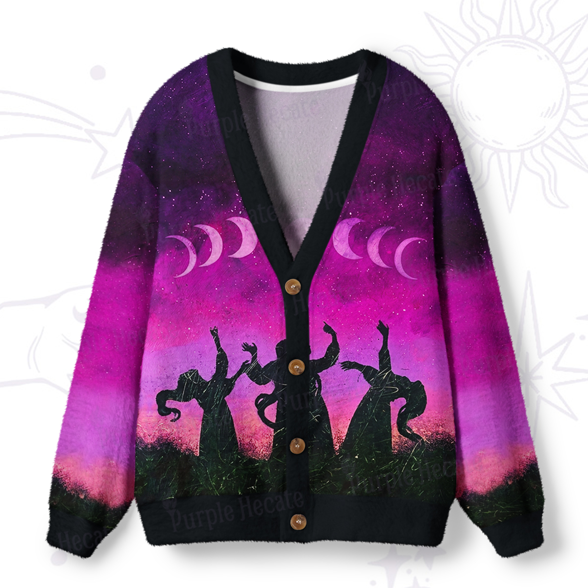 Purplehecate Moonrise Witch Gathering Ugly Cardigan Sweaters