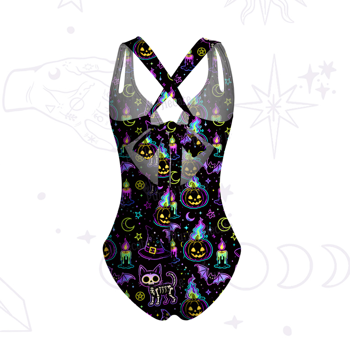 Purplehecate Neon Halloween Skeleton Cat One-Piece Swimsuit