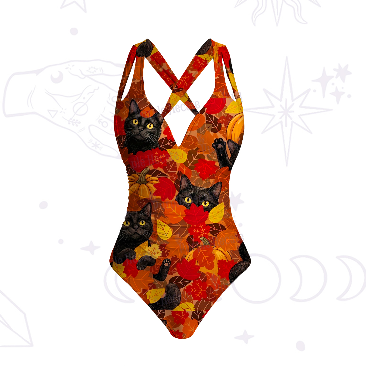 Purplehecate Autumn Pumpkin Patch Black Cat One-Piece Swimsuit