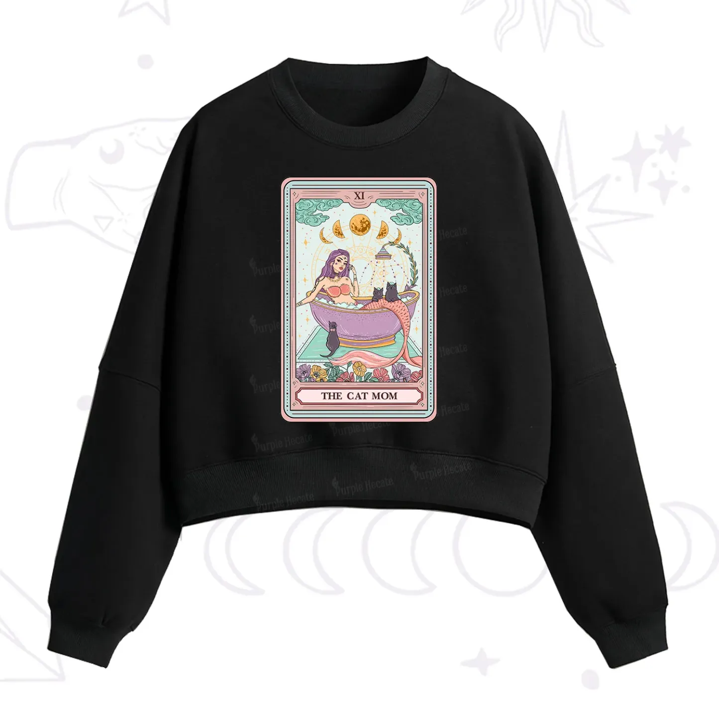 Purplehecate The Cat Mermaid Mom Tarot Card Fleece Cropped Sweatshirt