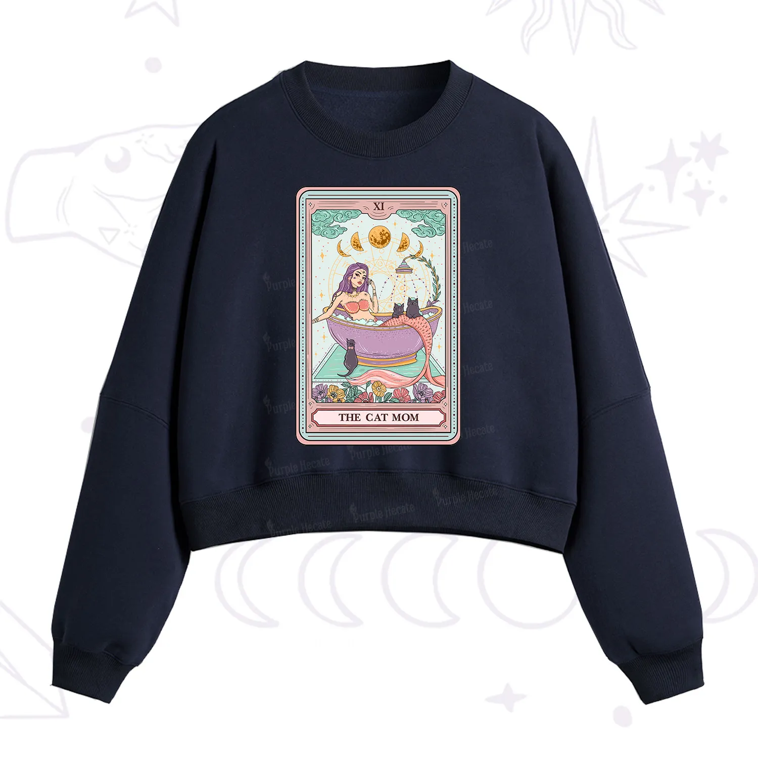 Purplehecate The Cat Mermaid Mom Tarot Card Fleece Cropped Sweatshirt