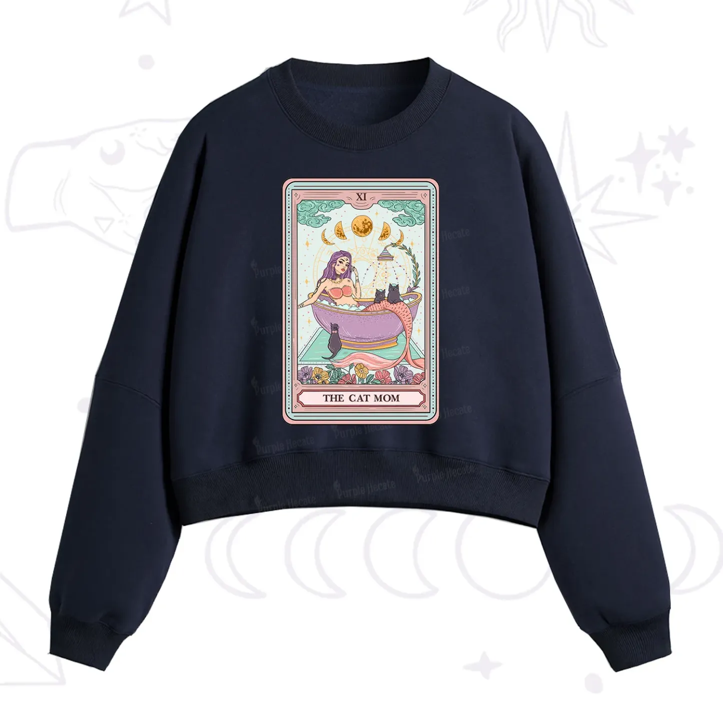 Purplehecate The Cat Mermaid Mom Tarot Card Fleece Cropped Sweatshirt