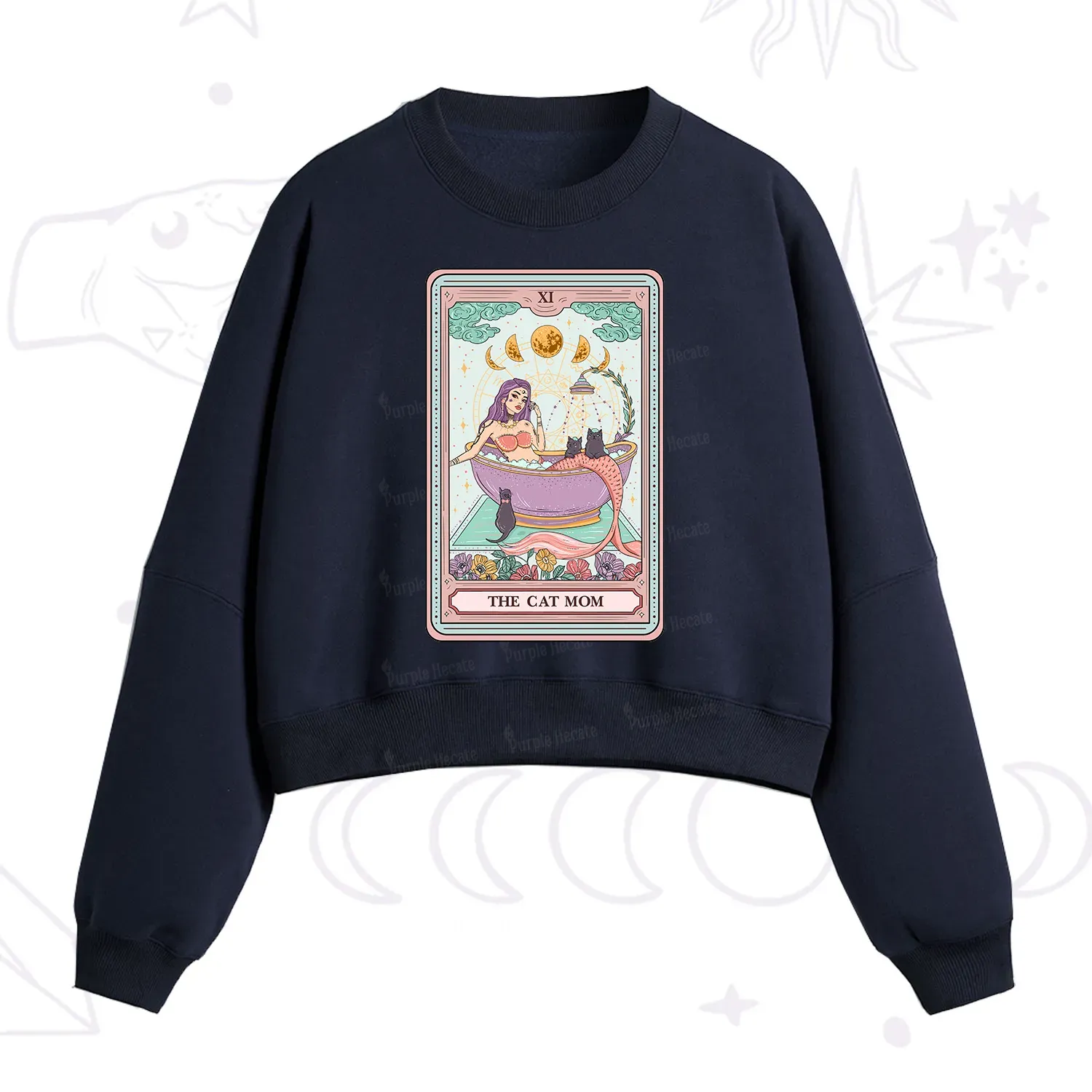 Purplehecate The Cat Mermaid Mom Tarot Card Fleece Cropped Sweatshirt
