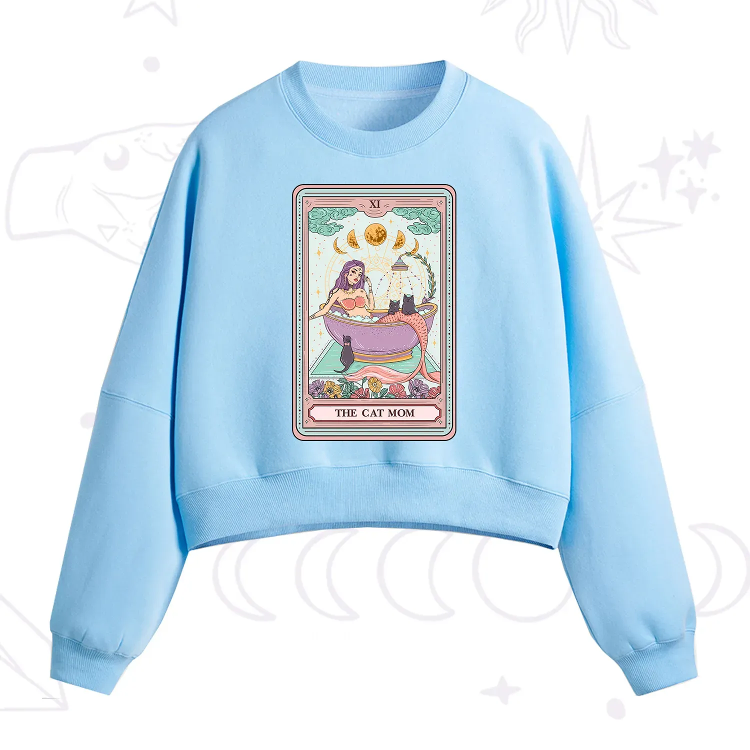 Purplehecate The Cat Mermaid Mom Tarot Card Fleece Cropped Sweatshirt