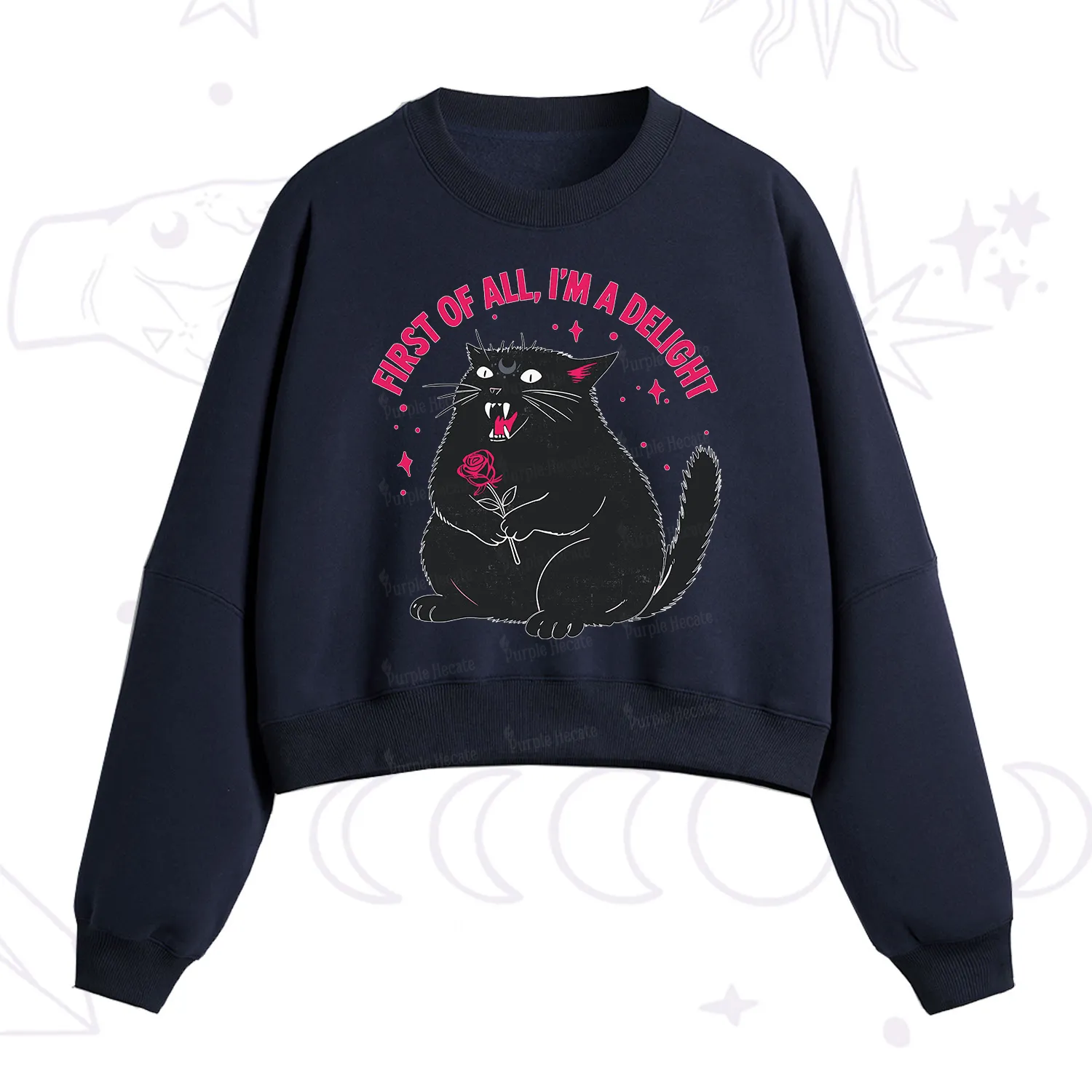 Purplehecate First Of All I'm A Delight Cat Fleece Cropped Sweatshirt