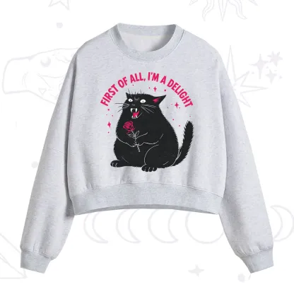 Purplehecate First Of All I'm A Delight Cat Fleece Cropped Sweatshirt
