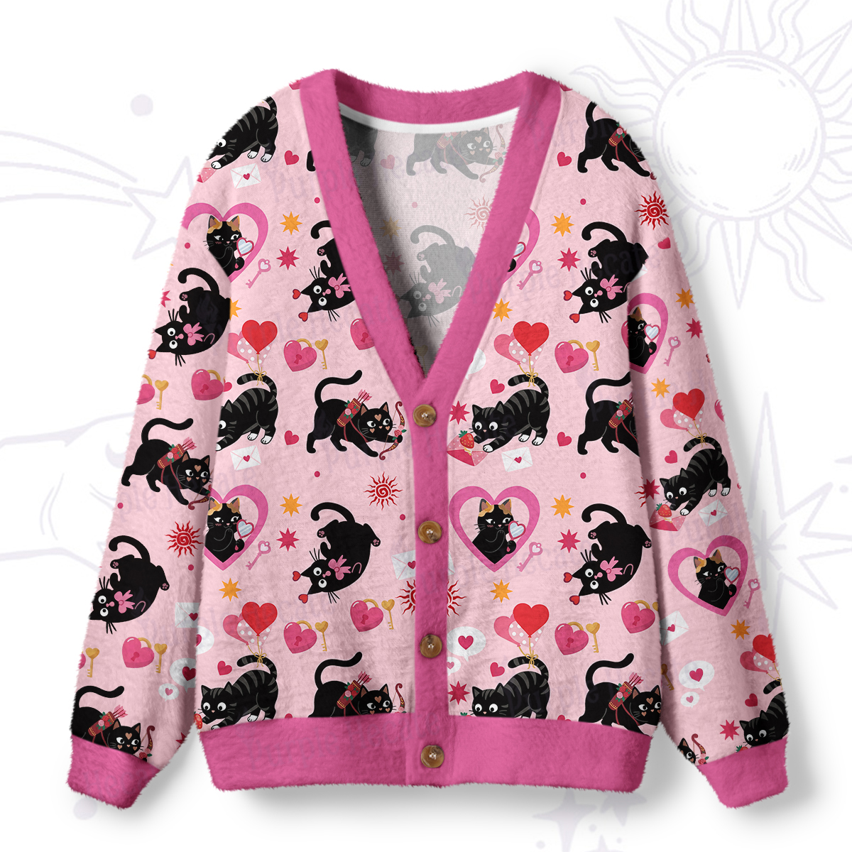 Purplehecate Pink Love Spell Black Cat Ugly Cardigan Sweaters