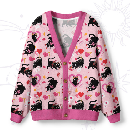 Purplehecate Pink Love Spell Black Cat Ugly Cardigan Sweaters