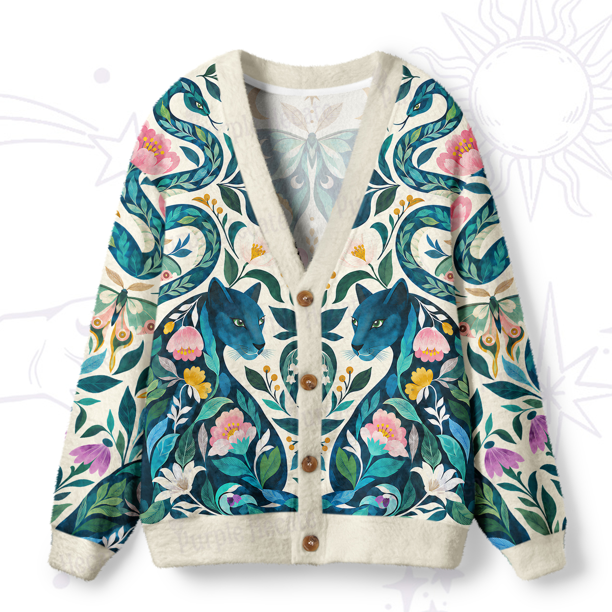 Purplehecate Emerald Jungle Panther Bloom Ugly Cardigan Sweaters