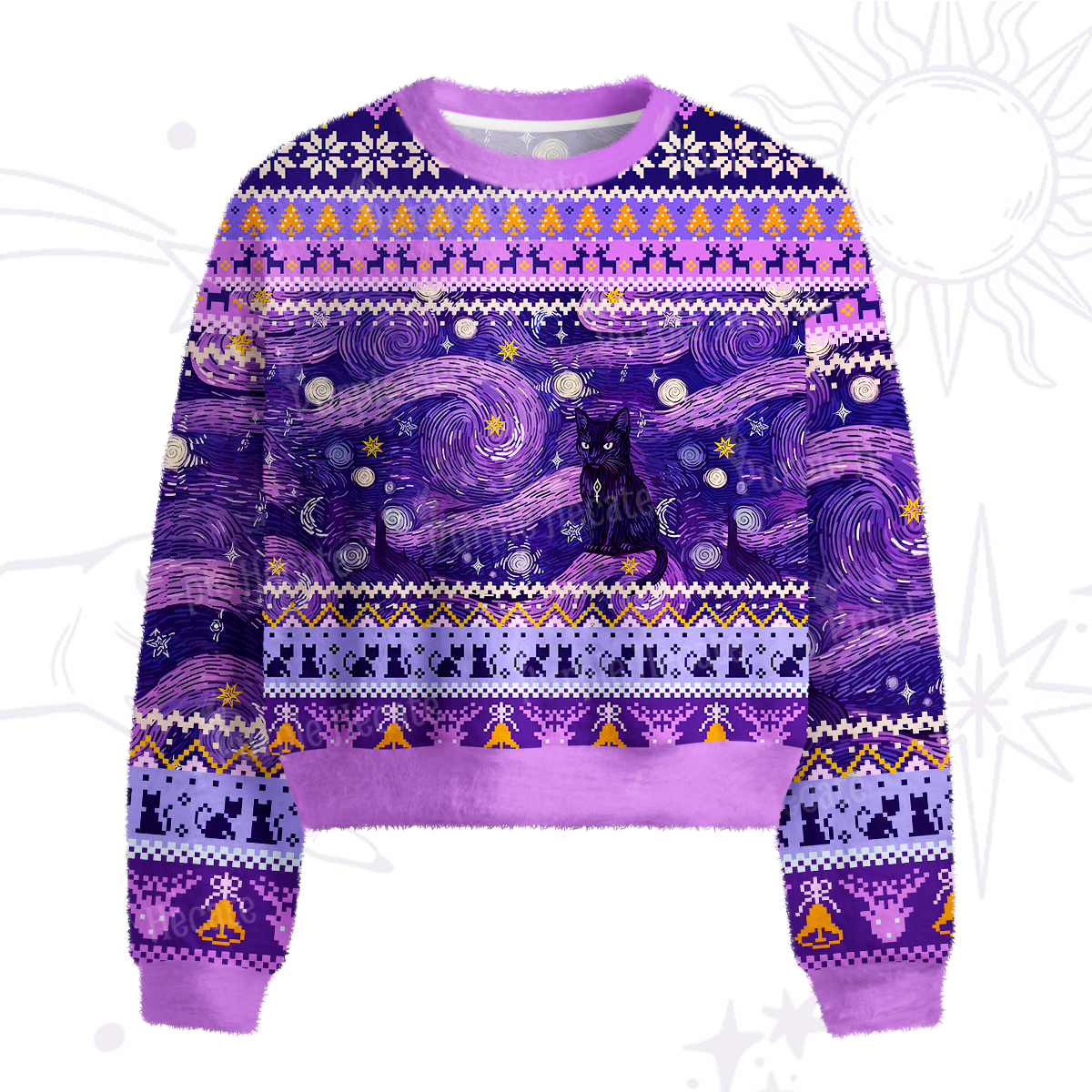 Purplehecate Mystic Cat Beneath the Cosmic Veil Fuzzy Crewneck Sweater