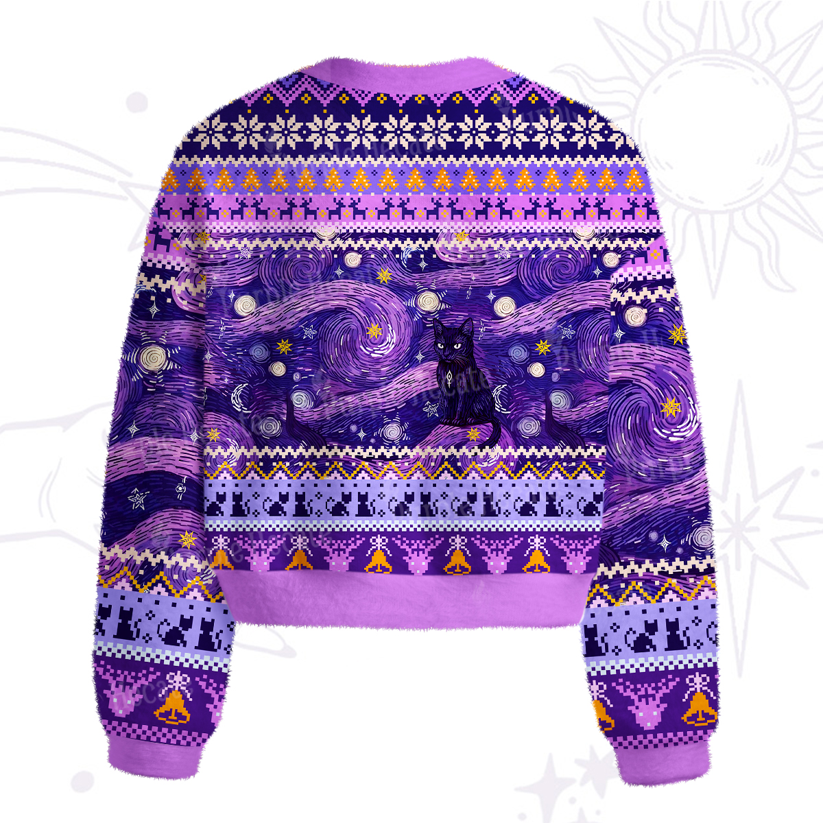 Purplehecate Mystic Cat Beneath the Cosmic Veil Fuzzy Crewneck Sweater