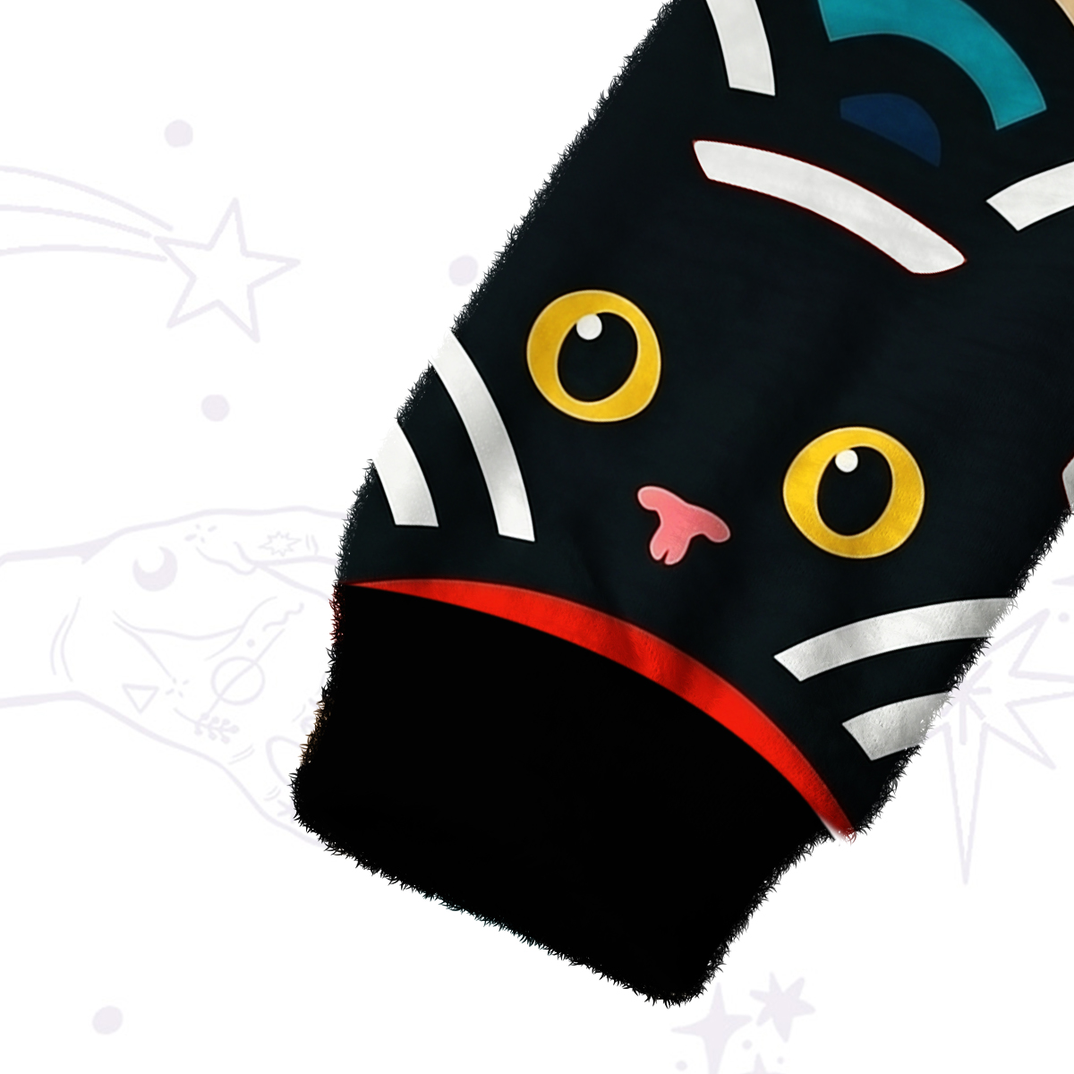 Purplehecate Rainbow Black Cat Waves Fuzzy Crewneck Sweater