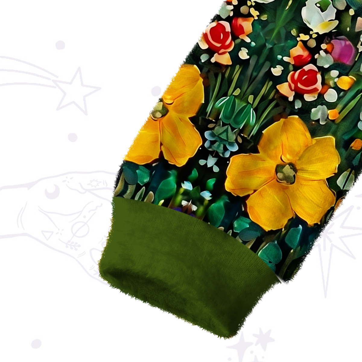 Purplehecate Fluffy Black Cat in Colorful Flower Field Fuzzy Crewneck Sweater