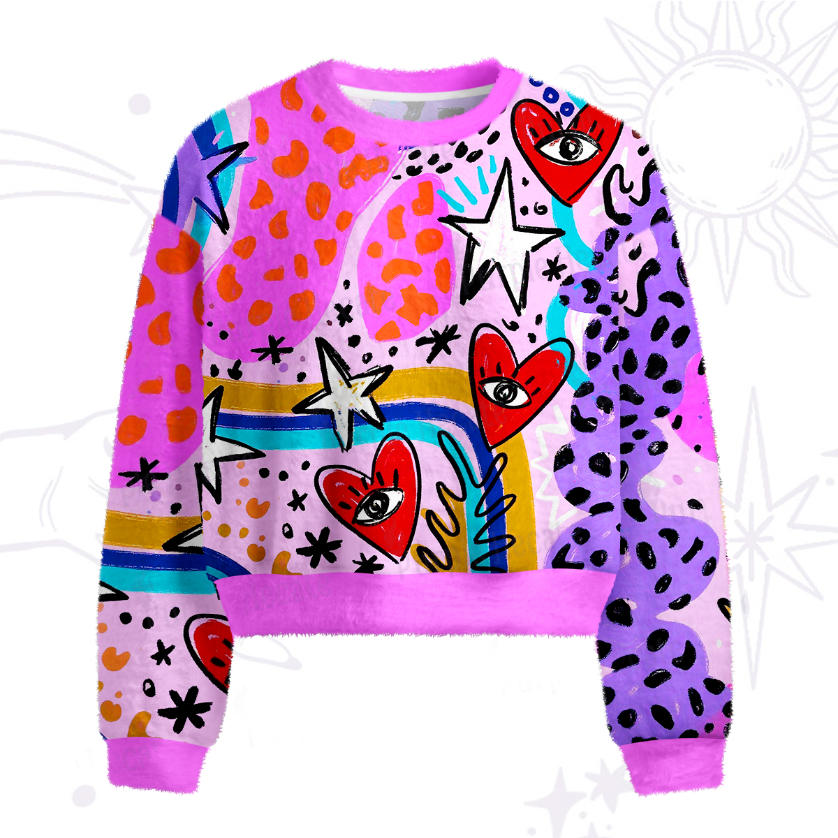 Purplehecate Cosmic Love Eyes Graffiti Fuzzy Crewneck Sweater