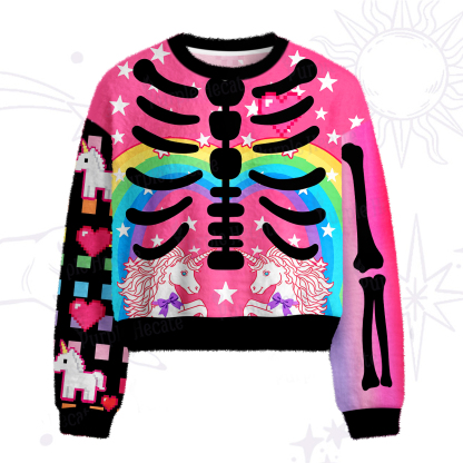Purplehecate Rainbow Unicorn Skeleton Fuzzy Crewneck Sweater
