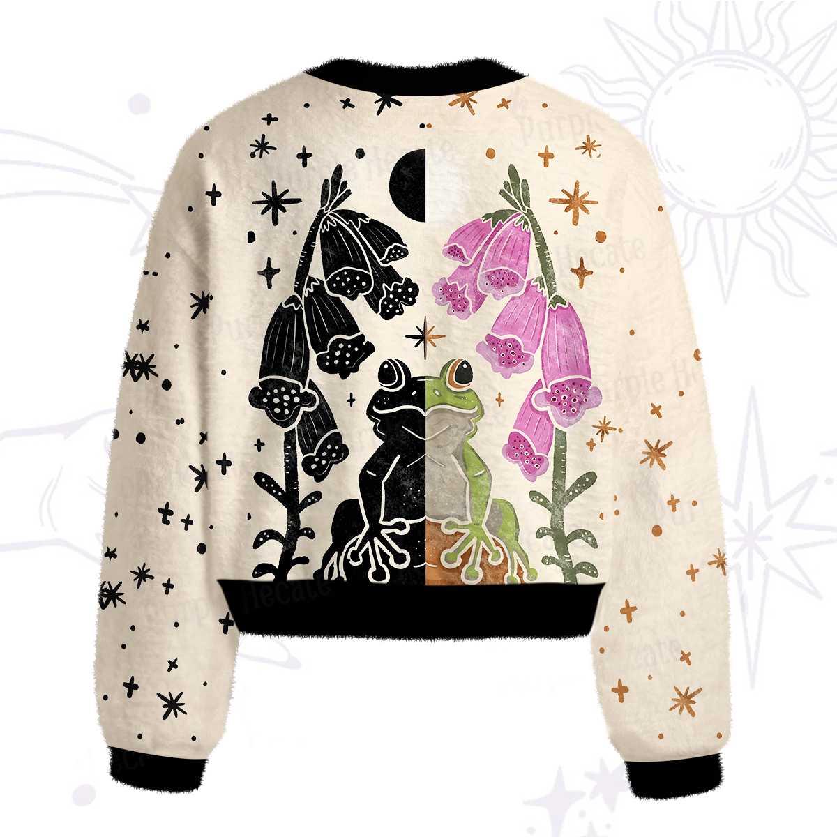 Purplehecate Dual-Tone Frog Garden Fuzzy Crewneck Sweater