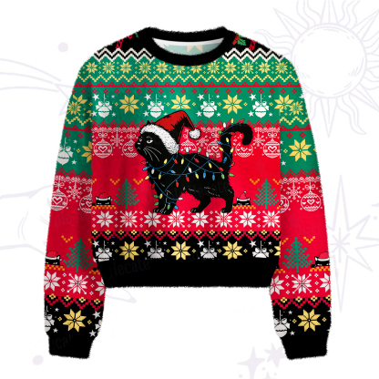 Purplehecate Cute Cat Christmas Fuzzy Crewneck Sweater