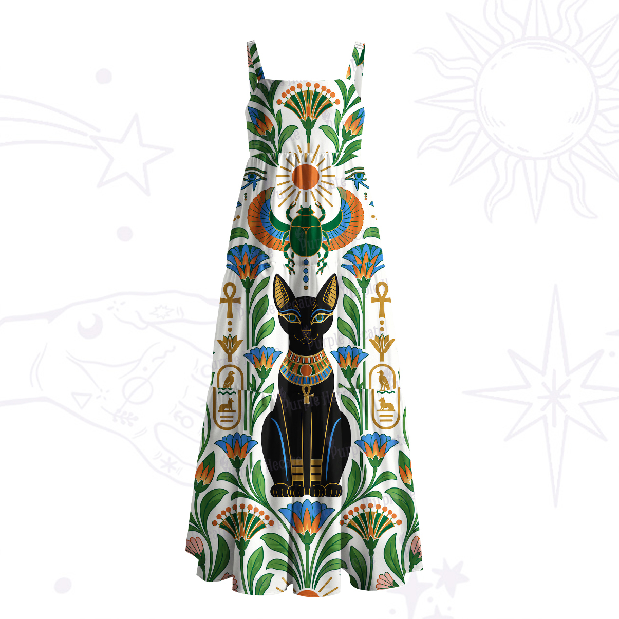 Purplehecate Egyptian Bastet Cat Wide Straps Maxi Dress