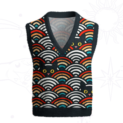 Purplehecate Rainbow Black Cat Waves Ugly Sweater Vest