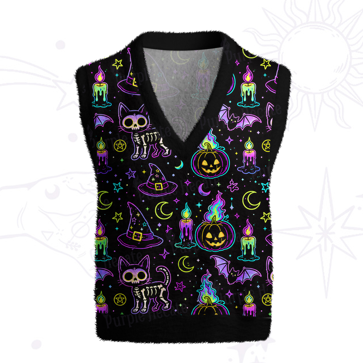Purplehecate Neon Halloween Skeleton Cat Ugly Sweater Vest