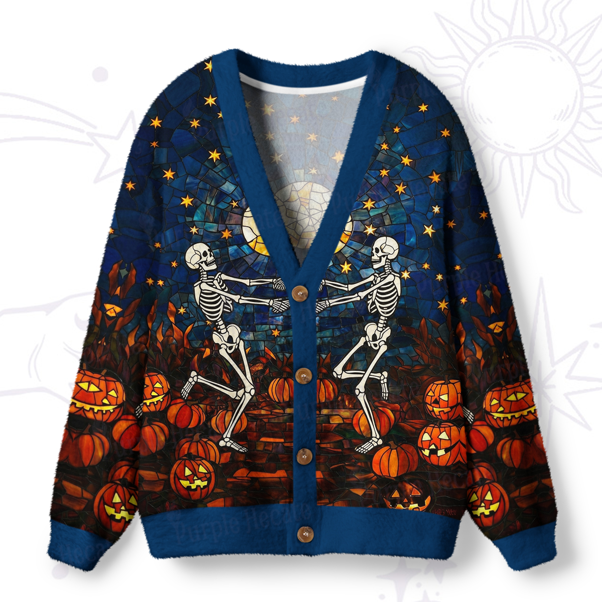 Purplehecate Dancing Skeletons Pumpkin Patch Ugly Cardigan Sweaters