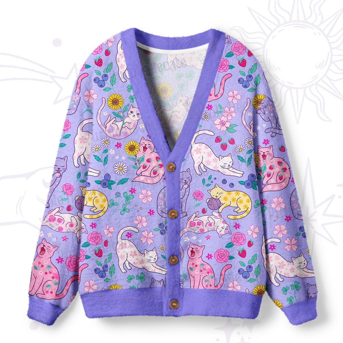 Purplehecate Lazy Day Garden Cats Ugly Cardigan Sweaters