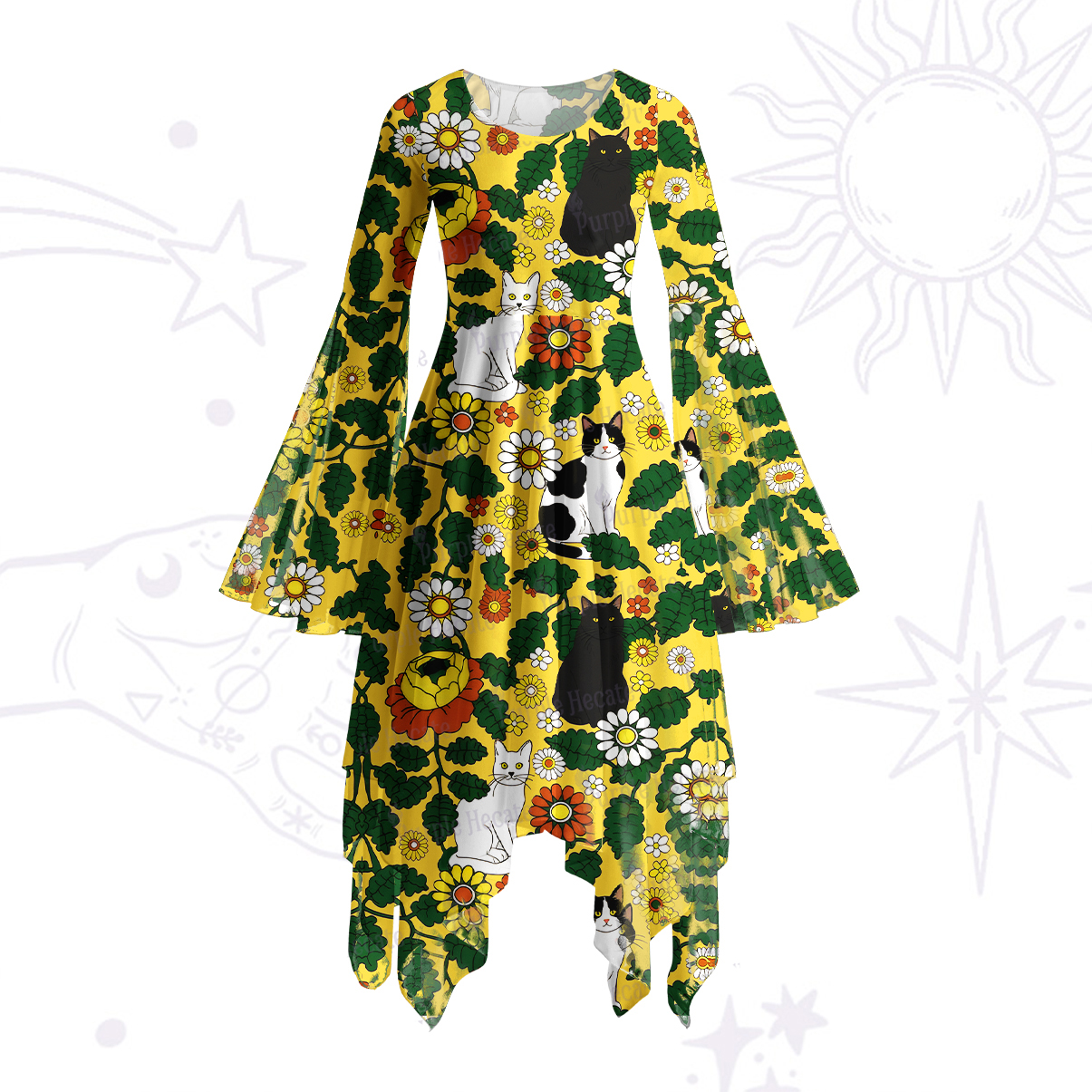 Purplehecate Daisy Cat  Garden Bell Sleeve Dress