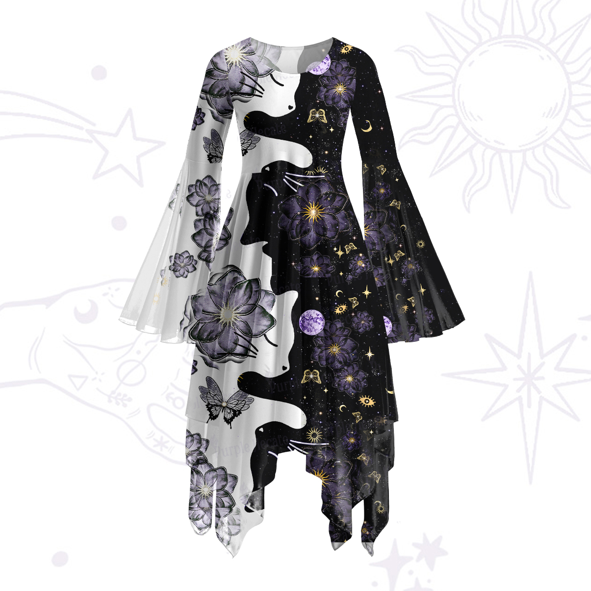 Purplehecate Starlit Cats & Butterflies Bell Sleeve Dress