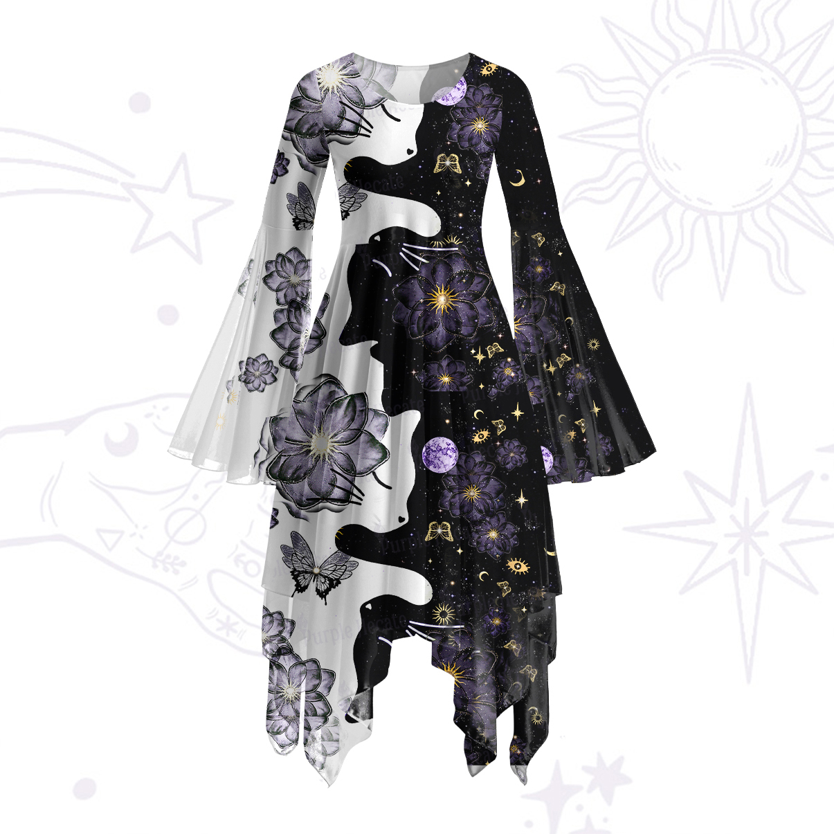 Purplehecate Starlit Cats & Butterflies Bell Sleeve Dress