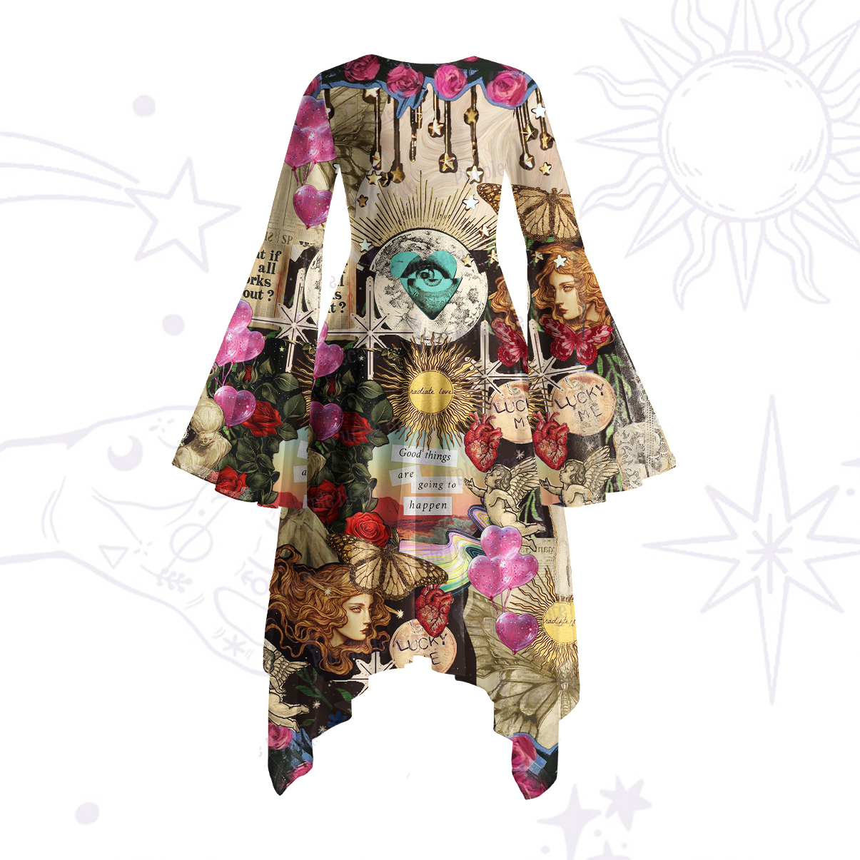 Purplehecate Lucky Me Sacred Heart Eye Bell Sleeve Dress