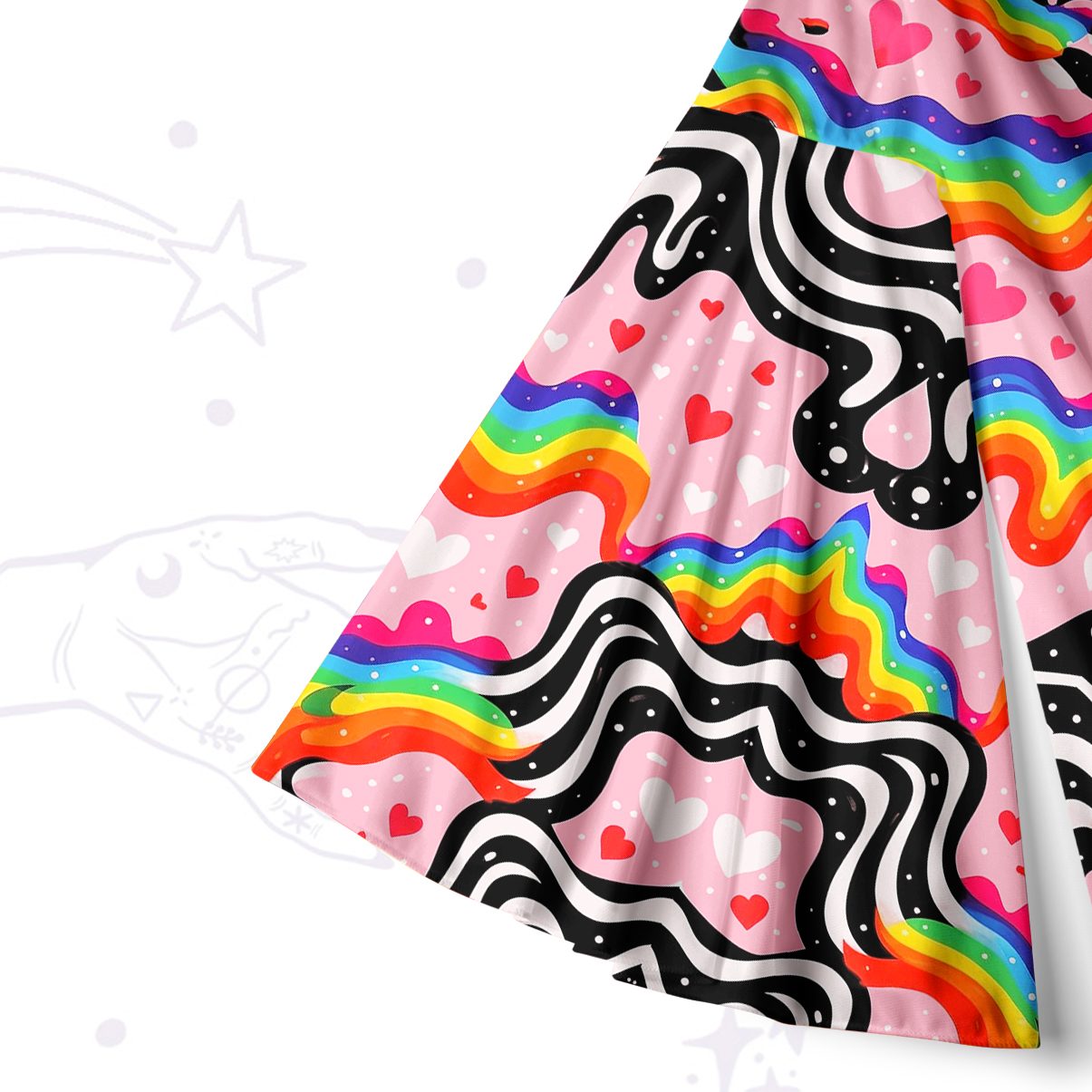 Purplehecate Groovy Melty Rainbow Hearts Wavy Bell Sleeve Dress