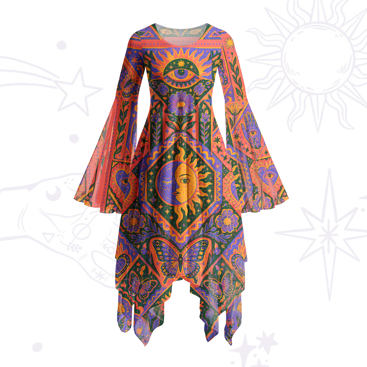 Purplehecate Sun, Moon & Butterfly Secrets Bell Sleeve Dress