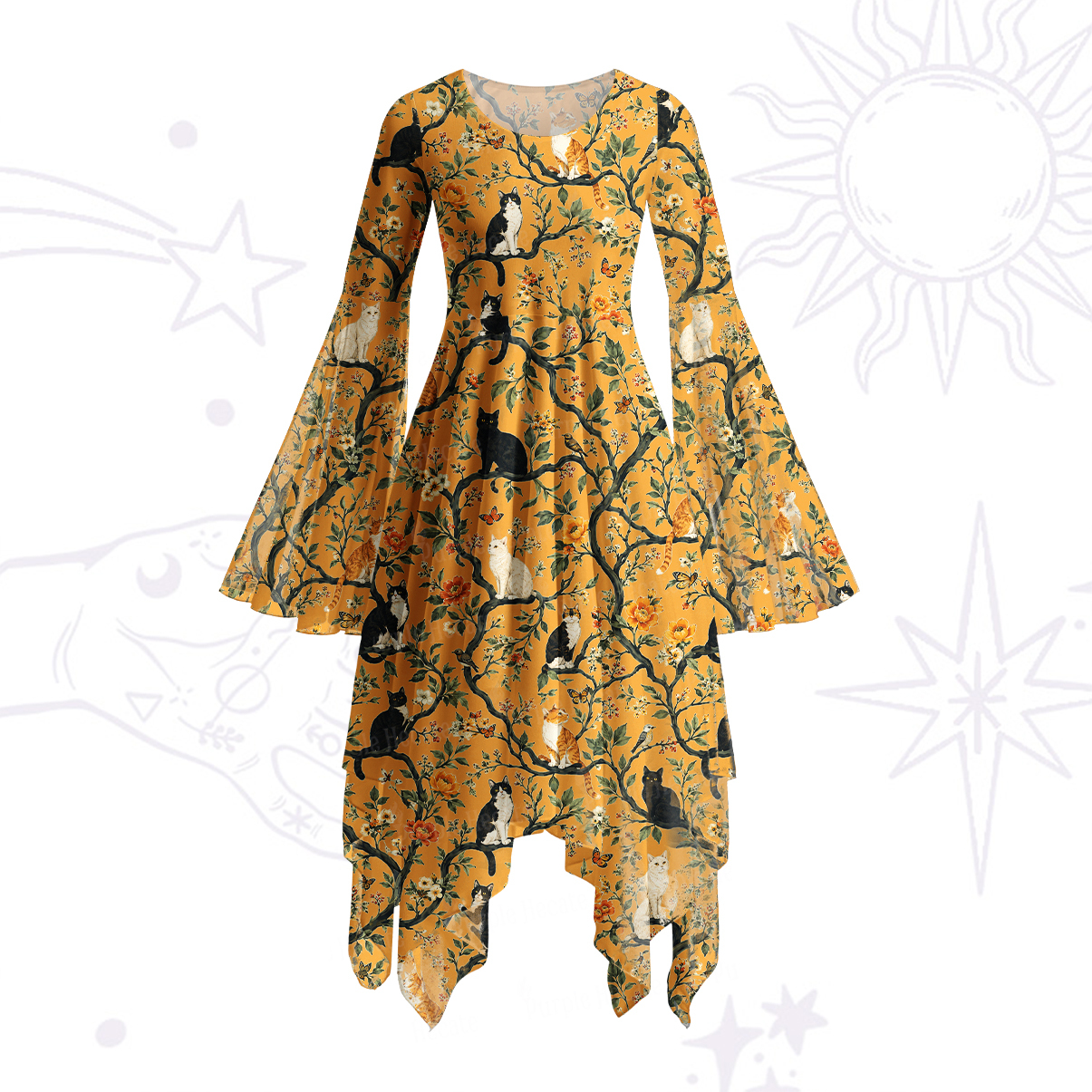 Purplehecate Enchanted Cat Grove Bell Sleeve Dress