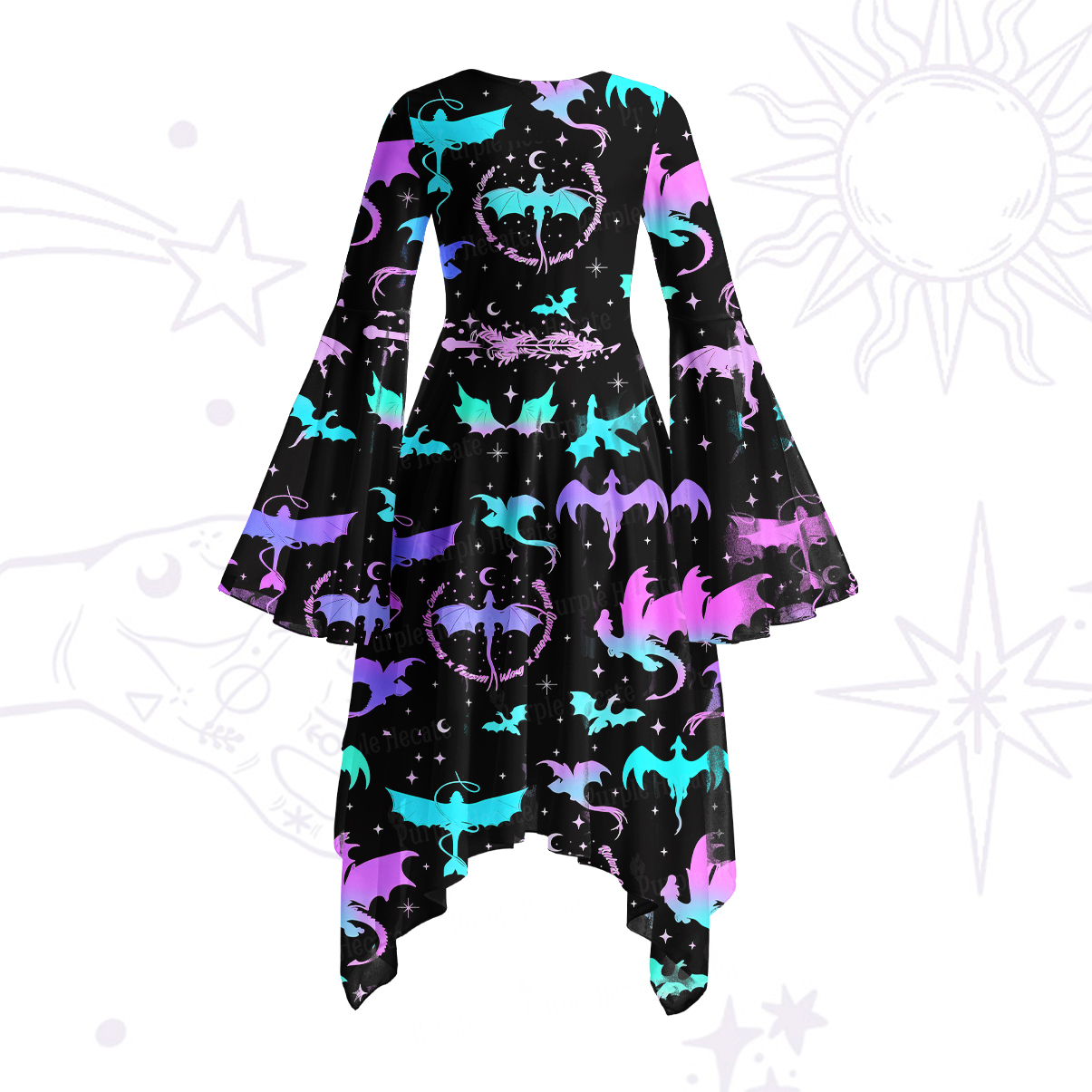 Purplehecate Neon Fantasy Dragon Allover Bell Sleeve Dress