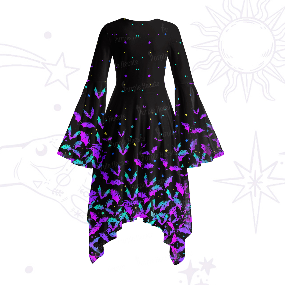 Purplehecate Rainbow Bat Bell Sleeve Dress