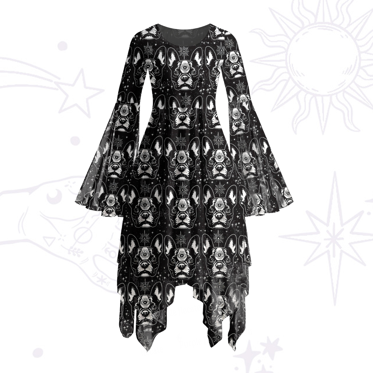 Purplehecate Mystic Boston Terrier Bell Sleeve Dress