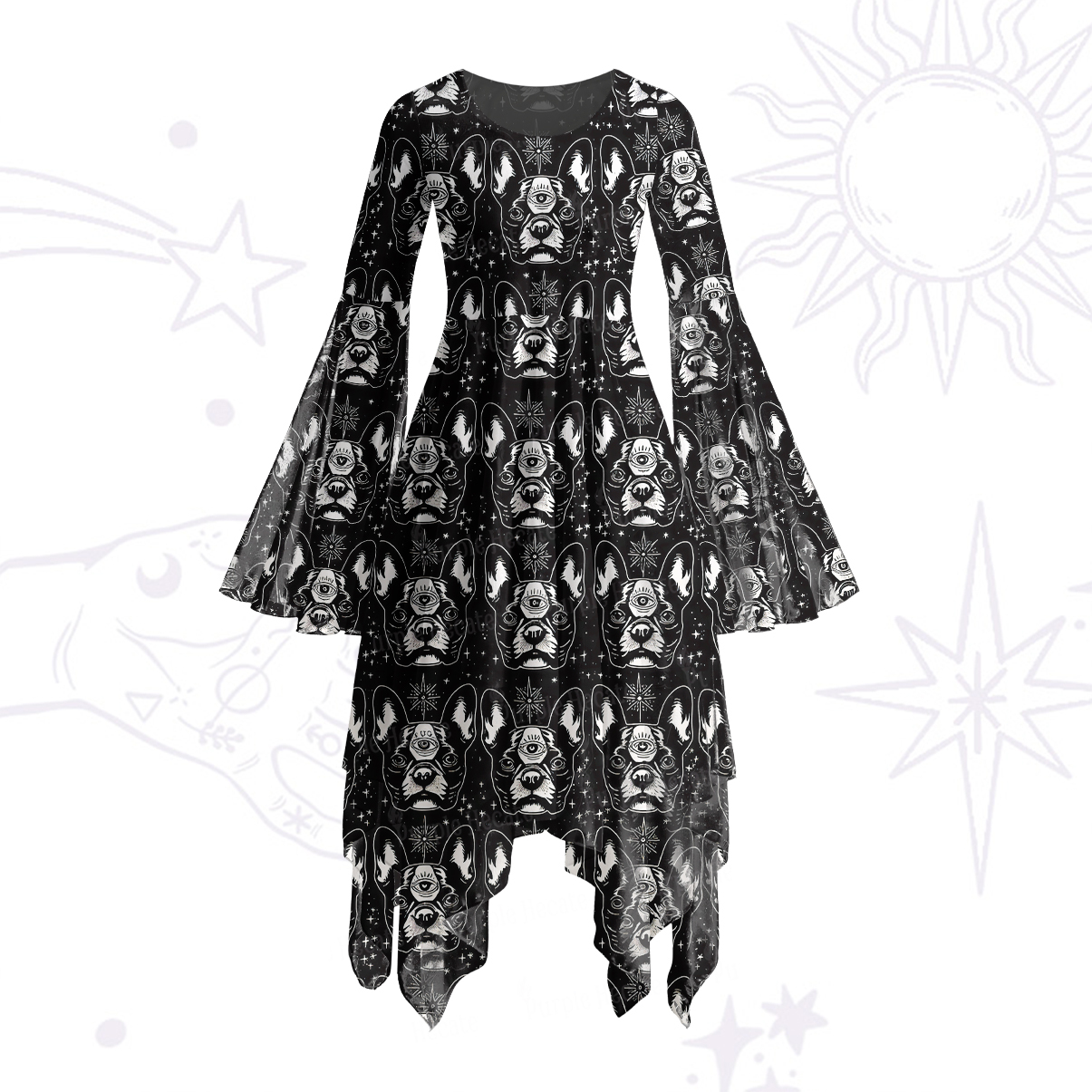 Purplehecate Mystic Boston Terrier Bell Sleeve Dress