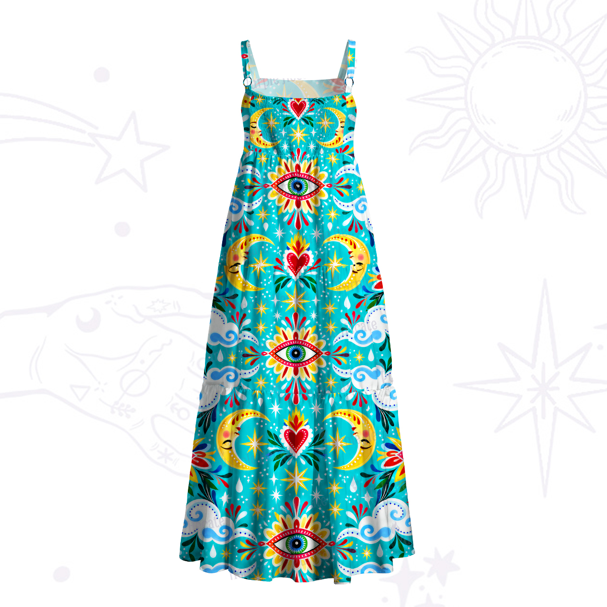 PurplehecateTurquoise Cosmic Hearts and Eyes Wide Straps Maxi Dress