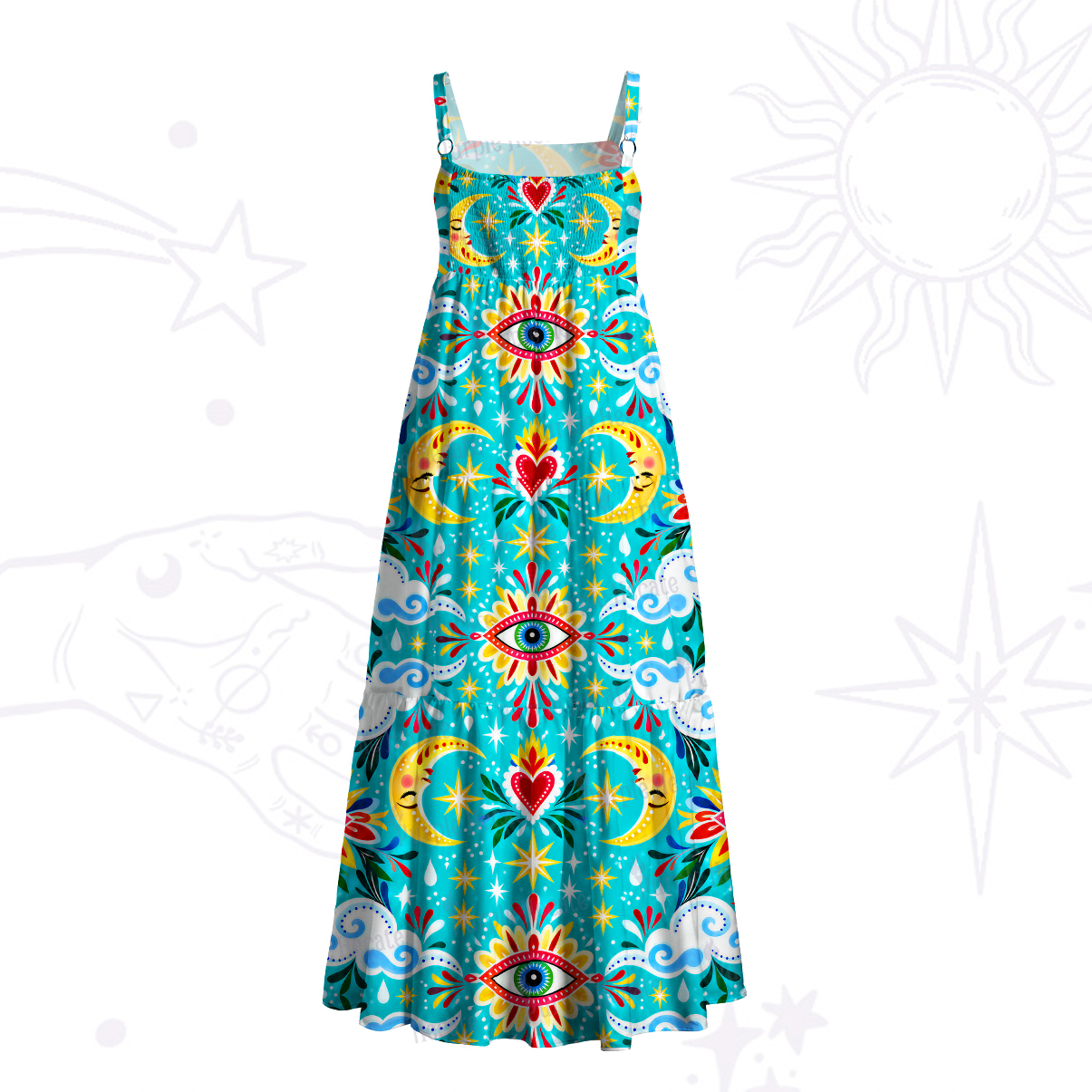 PurplehecateTurquoise Cosmic Hearts and Eyes Wide Straps Maxi Dress